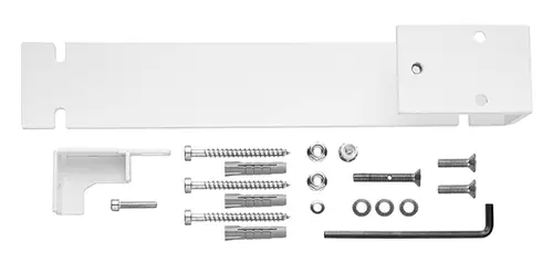 Produktbild: Kermi Befestigungsset (28) SGV1A, SGE1A, Ausführung rechts, RAL9016 SG, ZB04280001 mit Halterung, Schrauben, Dübeln, Muttern, Unterlegscheiben und Inbusschlüssel.